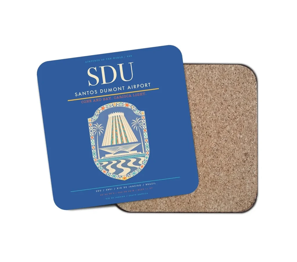 Santos Dumont Airport (SDU) design on blue 1 piece coaster