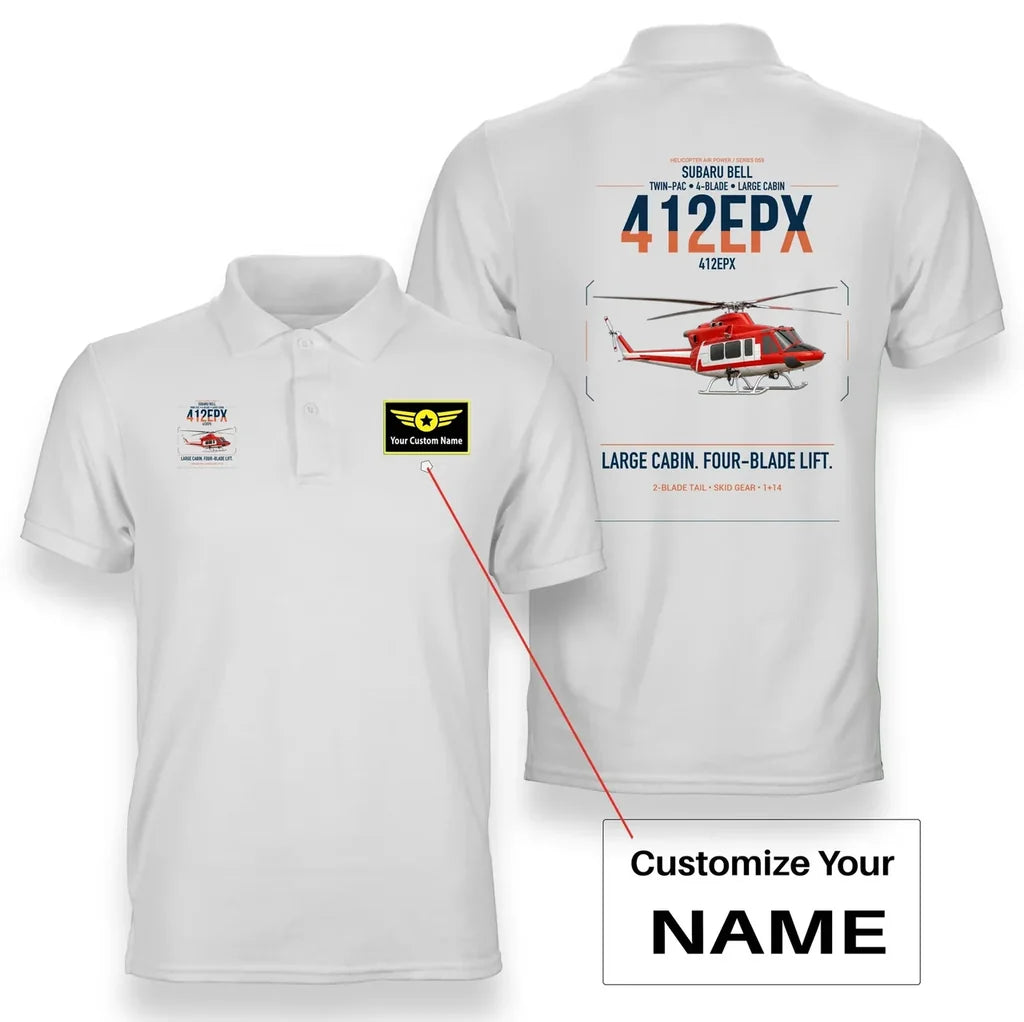 SUBARU Bell 412EPX design on white+name double-side polo t-shirt, double-side print