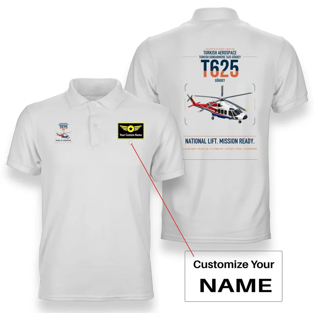 Turkish Aerospace T625 Gökbey design on white+name double-side polo t-shirt, double-side print