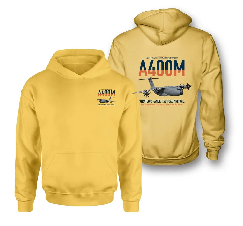Airbus A400M Atlas design on yellow double-side hoodie, double-side print