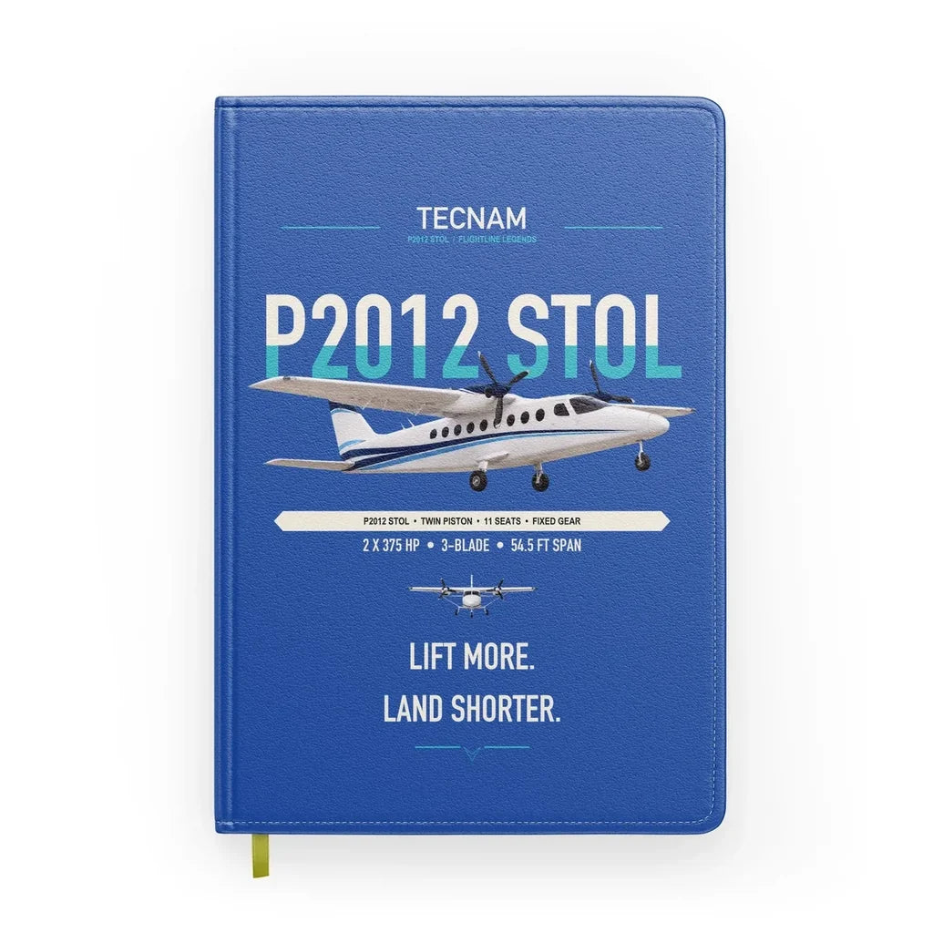Tecnam P2012 STOL design on blue notebook
