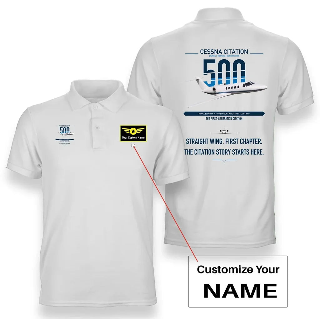 Cessna Citation 500 - Citation I design on white+name double-side polo t-shirt, double-side print