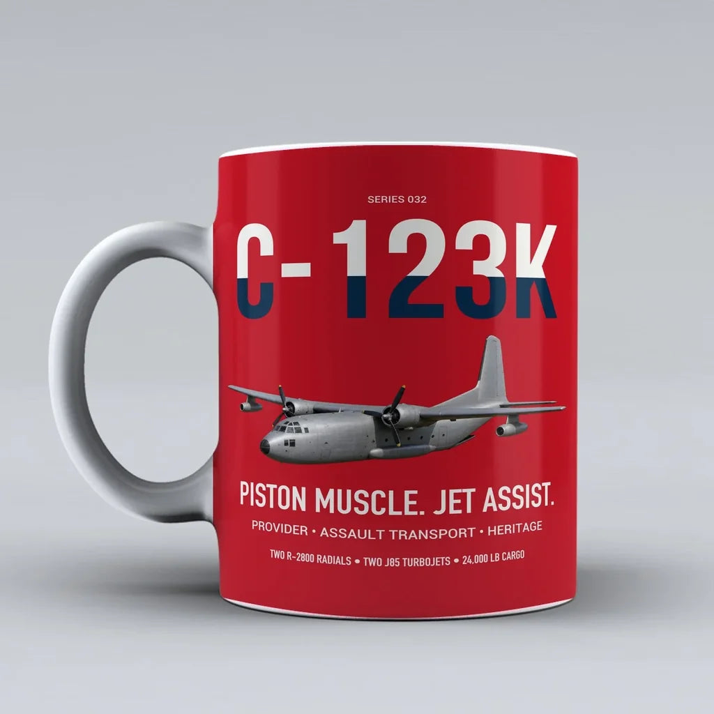 C-123K Provider design on red ceramic mug, double-side print