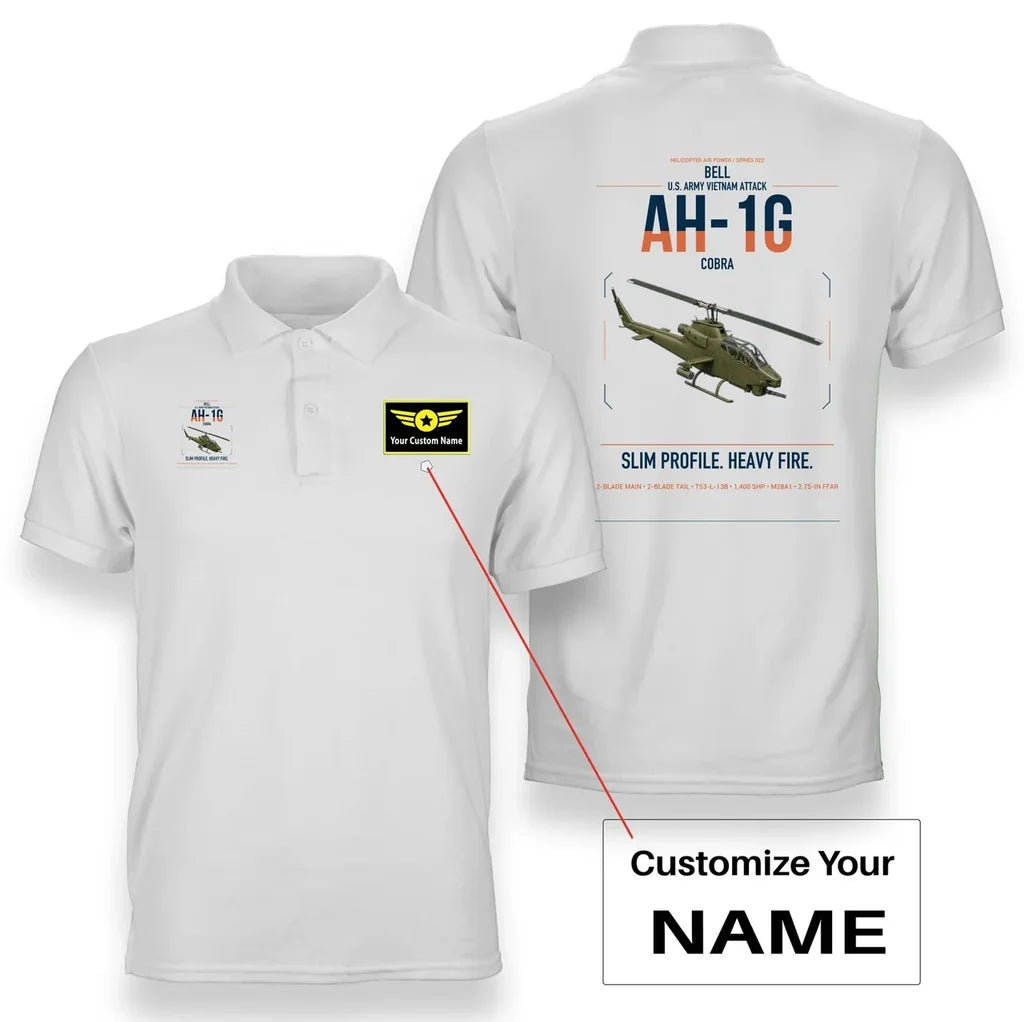 Bell AH-1G Cobra design on white+name double-side polo t-shirt, double-side print
