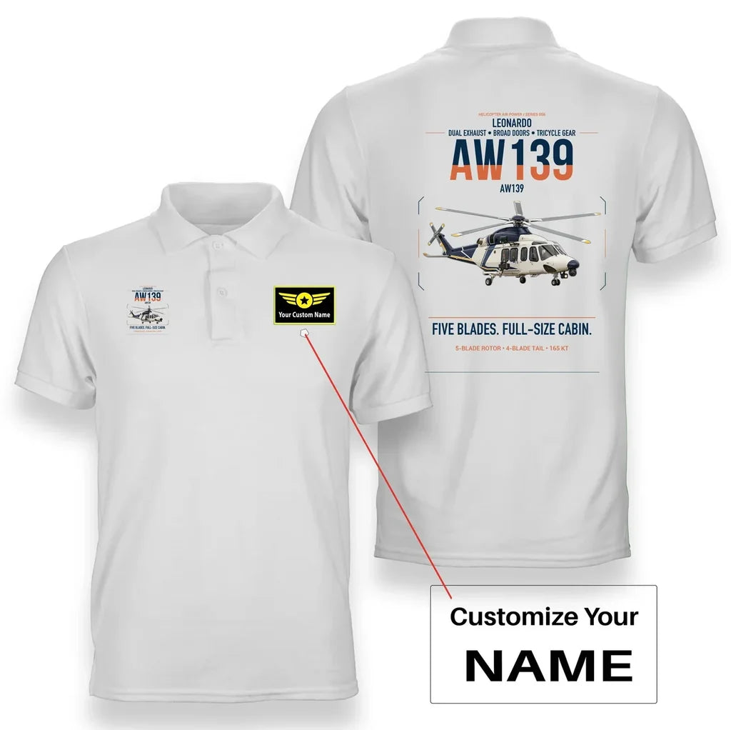 Leonardo AW139 design on white+name double-side polo t-shirt, double-side print