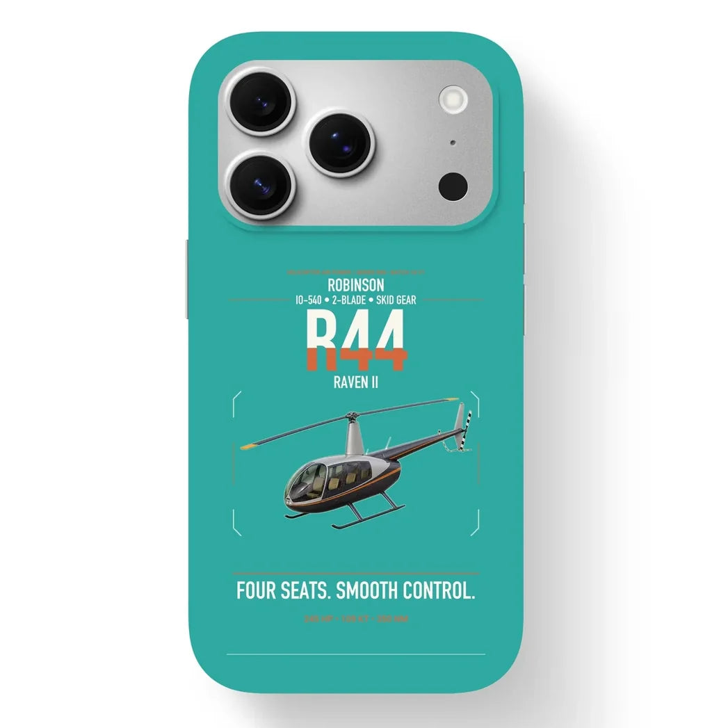 Robinson R44 Raven II design on turquoise magsafe iphone case, for iPhone 17 Pro