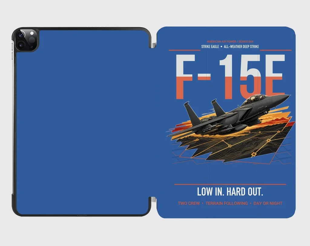 F-15E Strike Eagle design on blue ipad tablet case