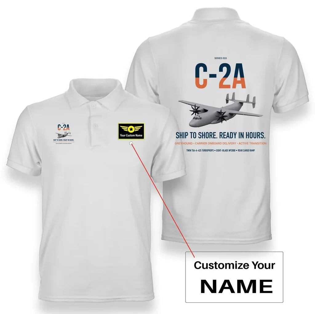 C-2A Greyhound design on white+name double-side polo t-shirt, double-side print