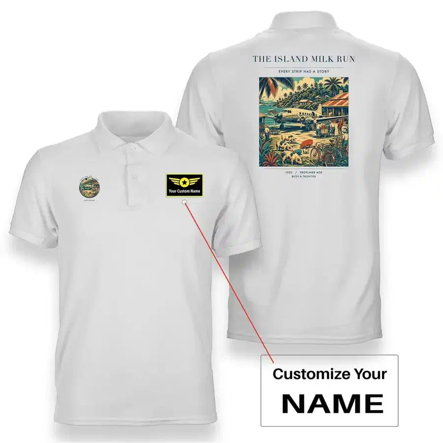 VINTAGE G4084 - The Island Milk Run - Double-Side Polo T-Shirt design on white+name