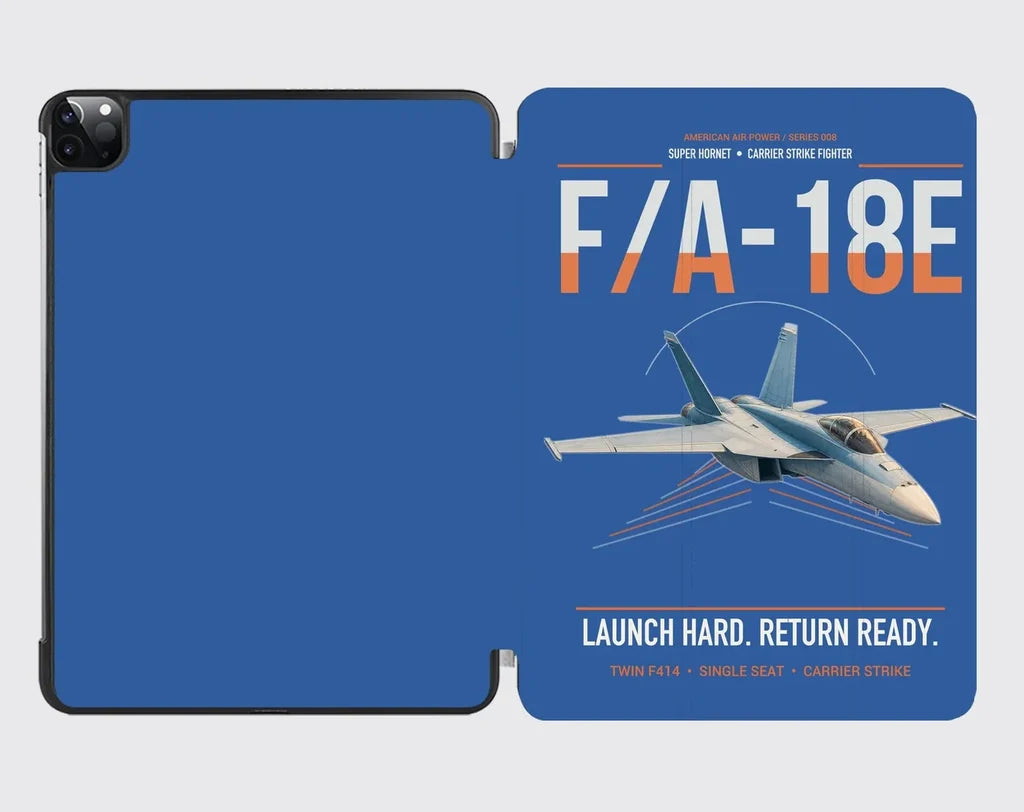 F-A-18E Super Hornet design on blue ipad tablet case