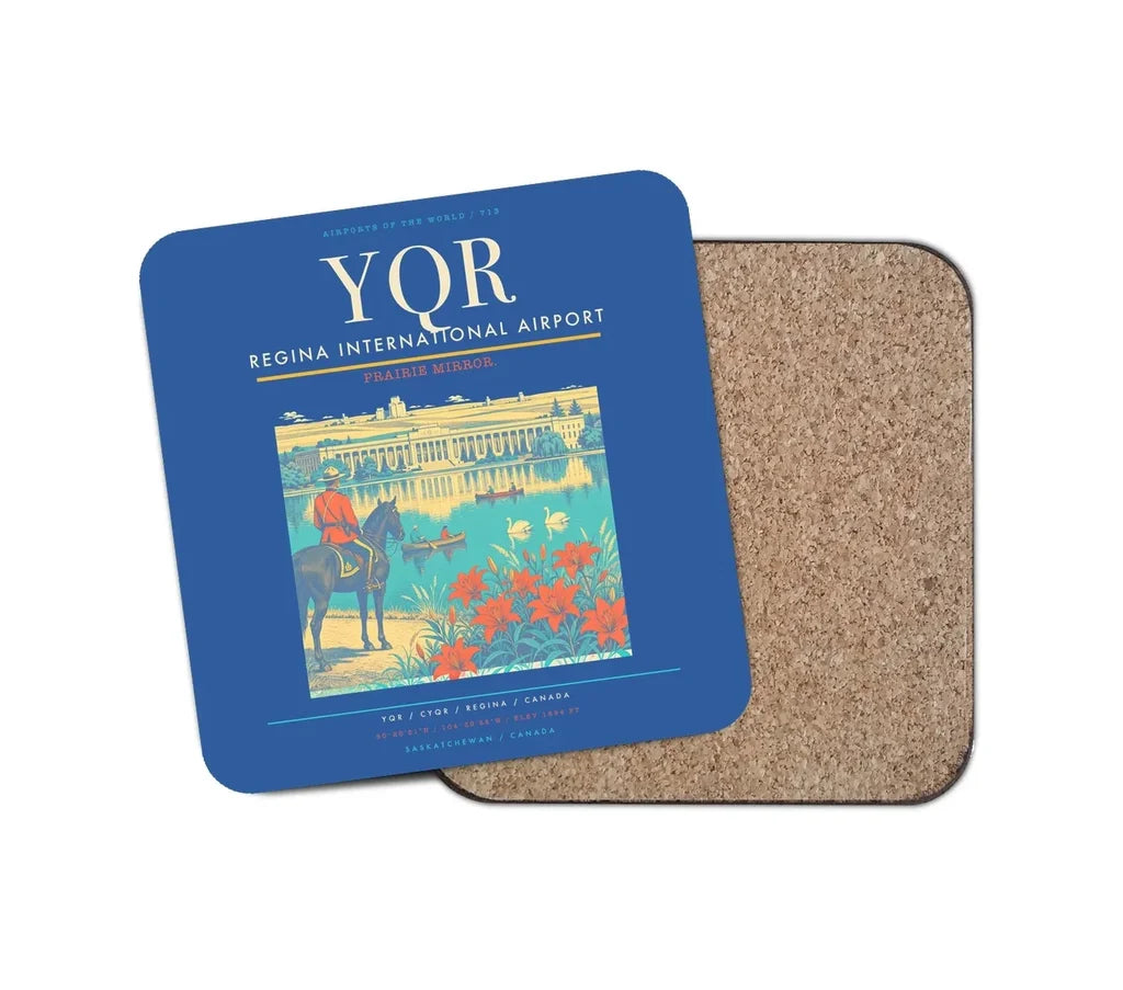 Regina International Airport (YQR) design on blue 1 piece coaster