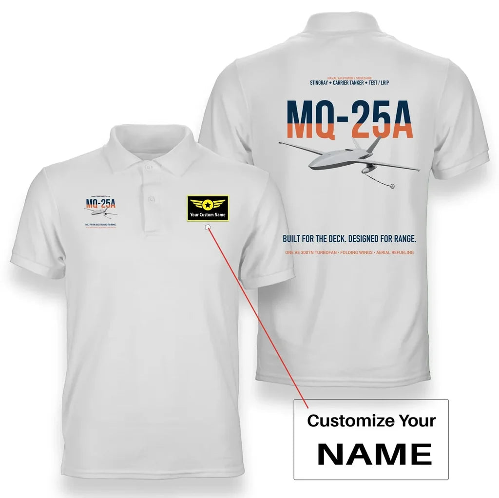 MQ-25A STINGRAY design on white+name double-side polo t-shirt, double-side print