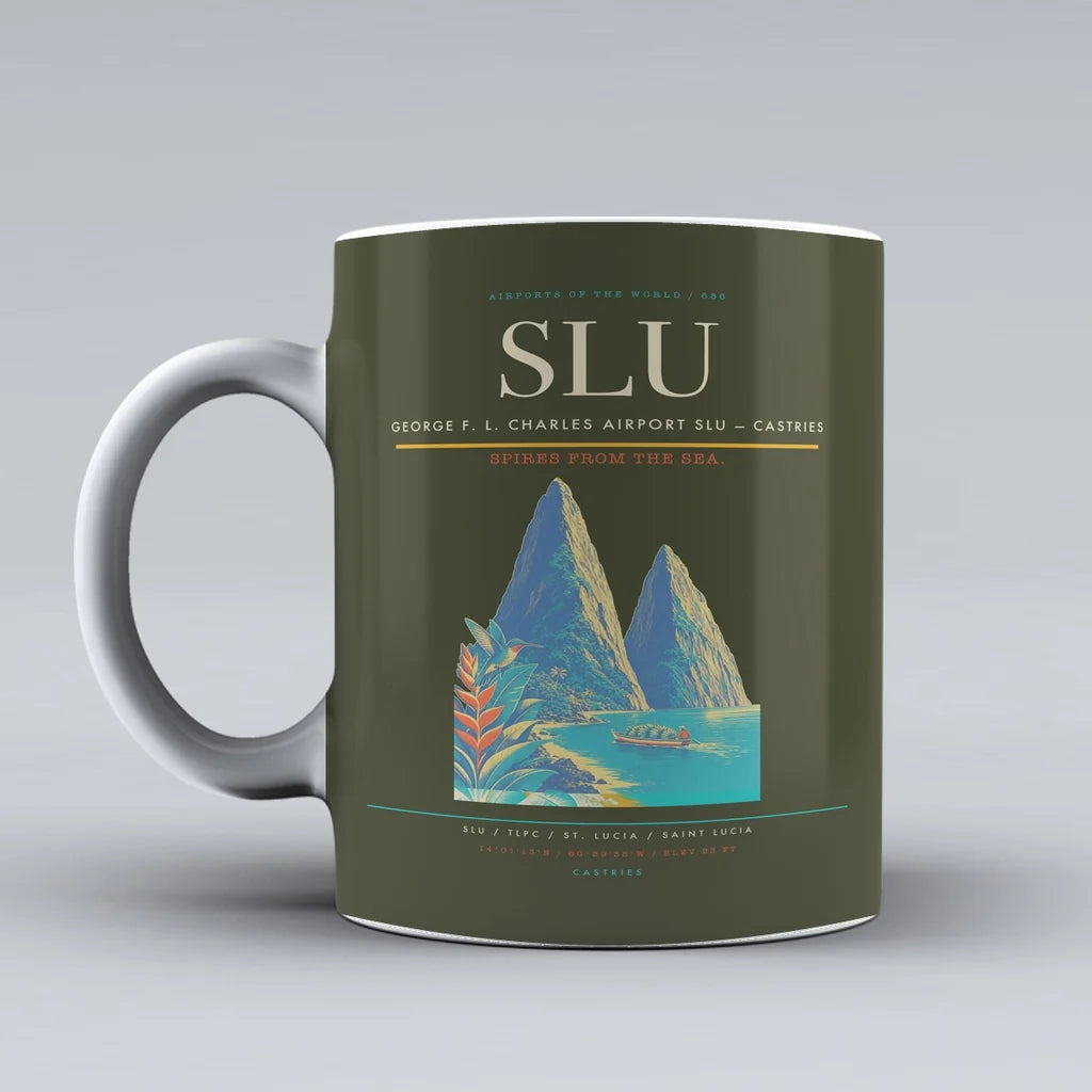 George F. L. Charles Airport (SLU) airport code design on green army ceramic mug