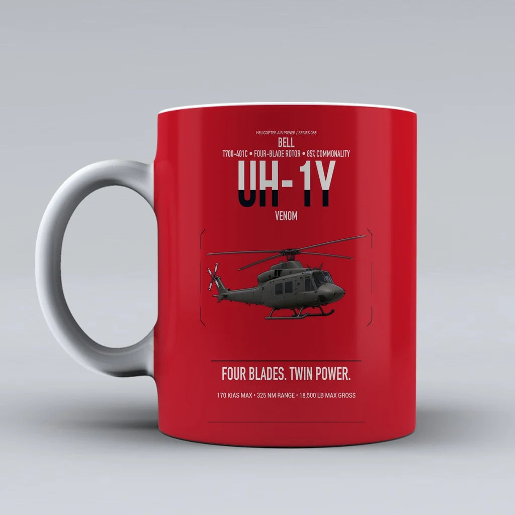 Bell UH-1Y Venom design on red ceramic mug, double-side print