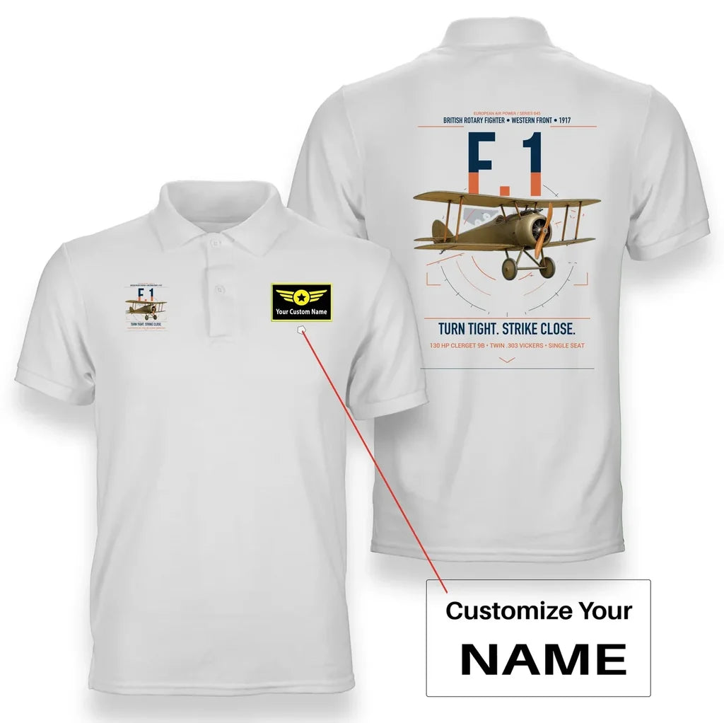 Sopwith Camel F.1 design on white+name double-side polo t-shirt, double-side print