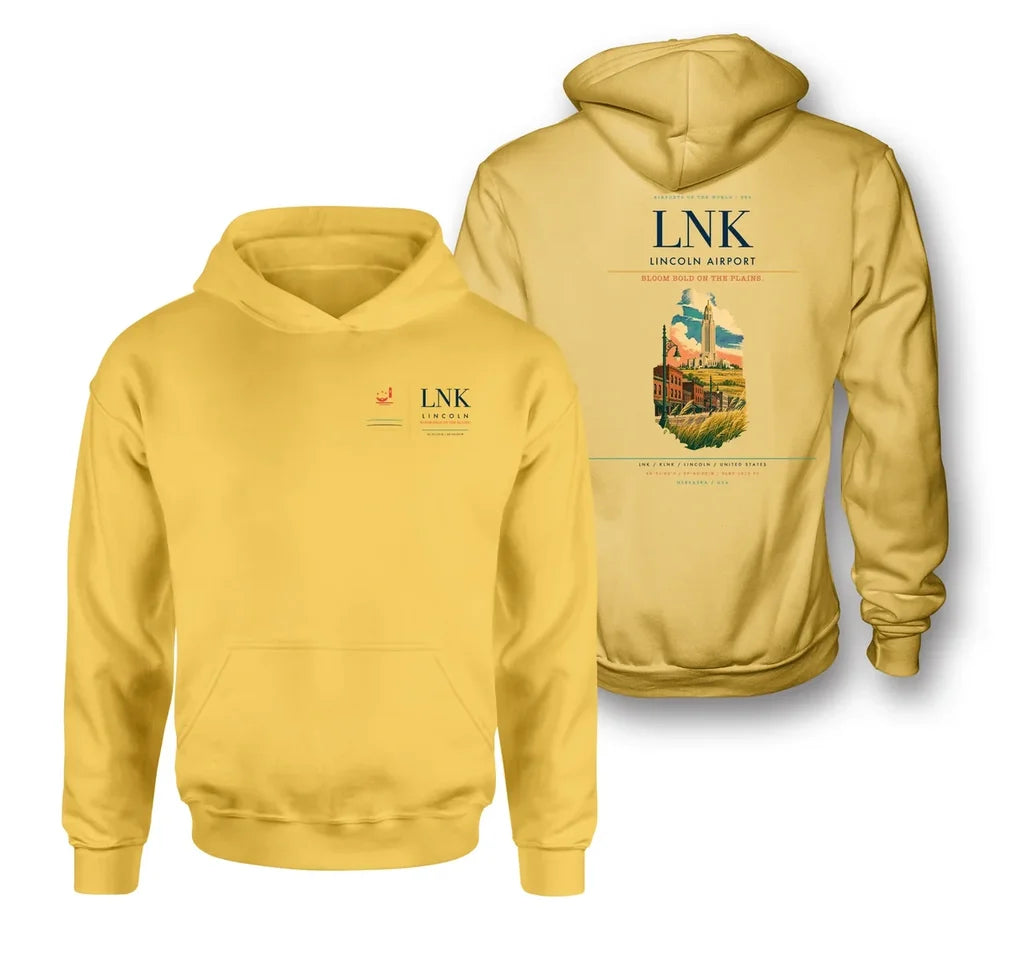 Lincoln Airport (LNK) design on yellow double-side hoodie