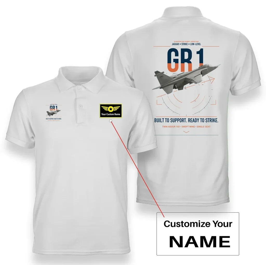 SEPECAT Jaguar GR1 design on white+name double-side polo t-shirt, double-side print