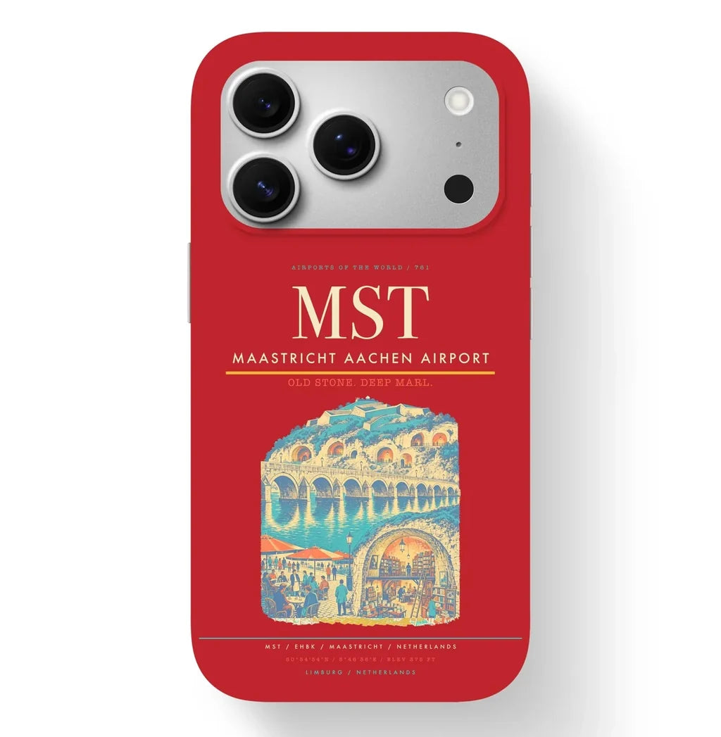 Maastricht Airport (MST) design on red iPhone 17 Pro MagSafe case