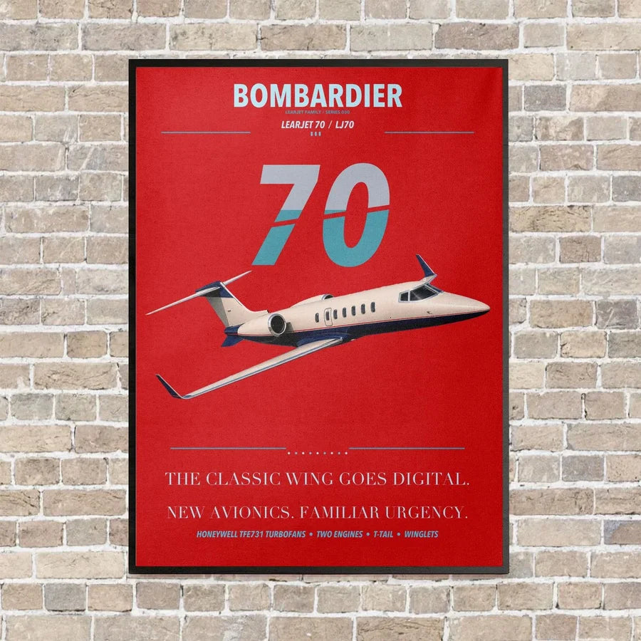 Bombardier Learjet 70 vertical canvas print - framed - red background