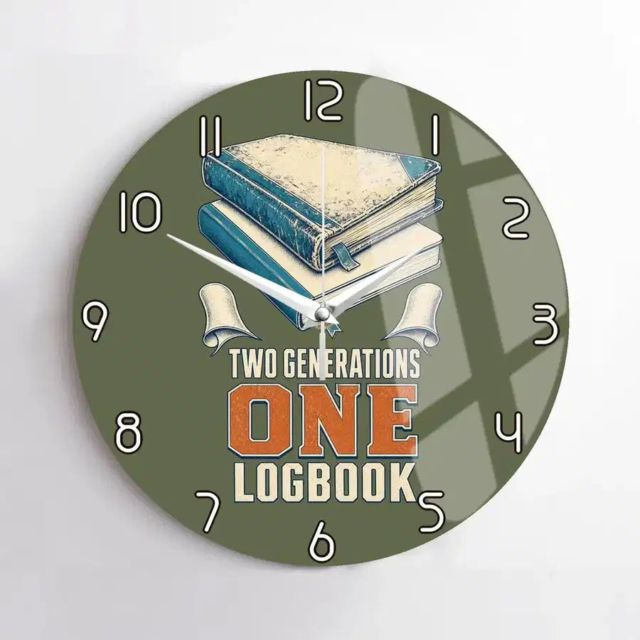 Two Generations One Logbook design on green army no frame wall clock