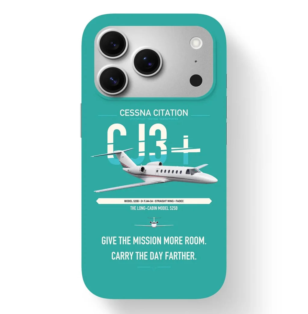 Cessna Citation CJ3+ design on turquoise magsafe iphone case, for iPhone 17 Pro