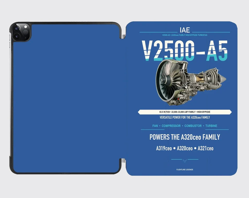 V2500-A5 design on blue ipad tablet case