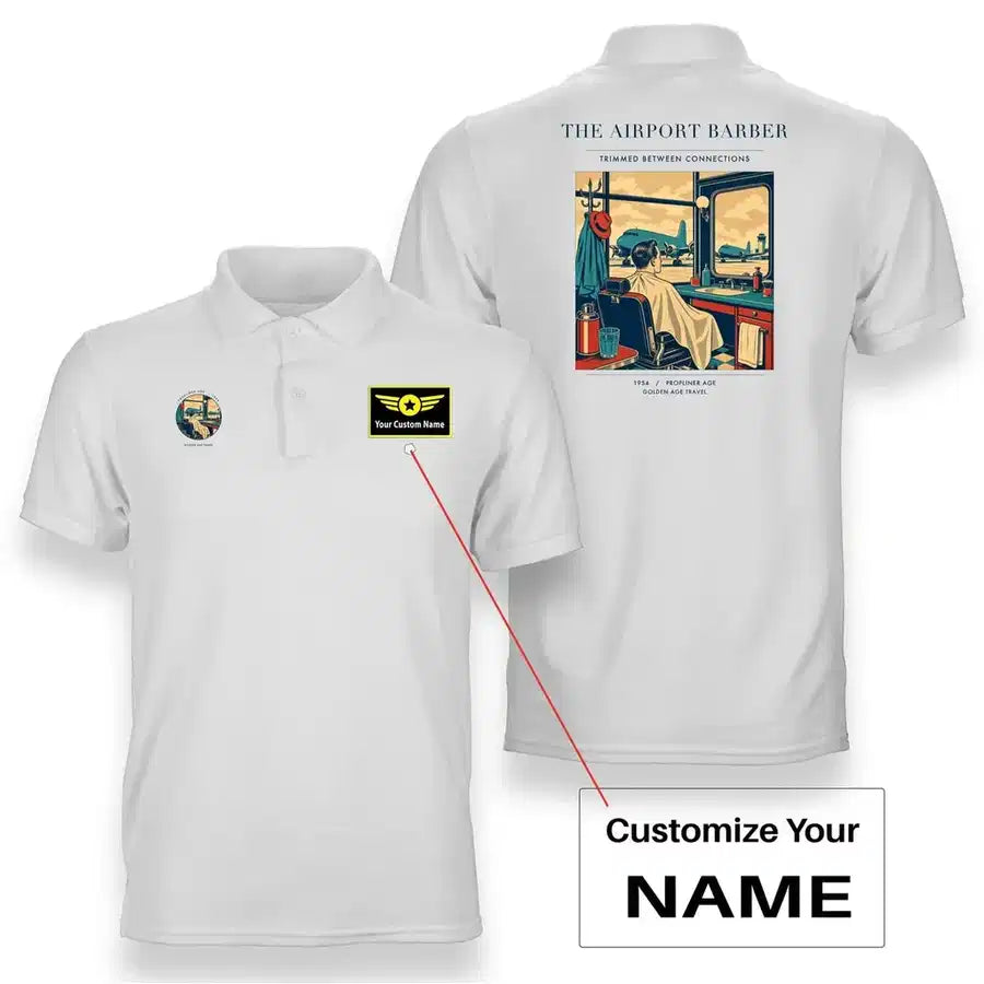 VINTAGE G4377 - The Airport Barber - Double-Side Polo T-Shirt design on white+name