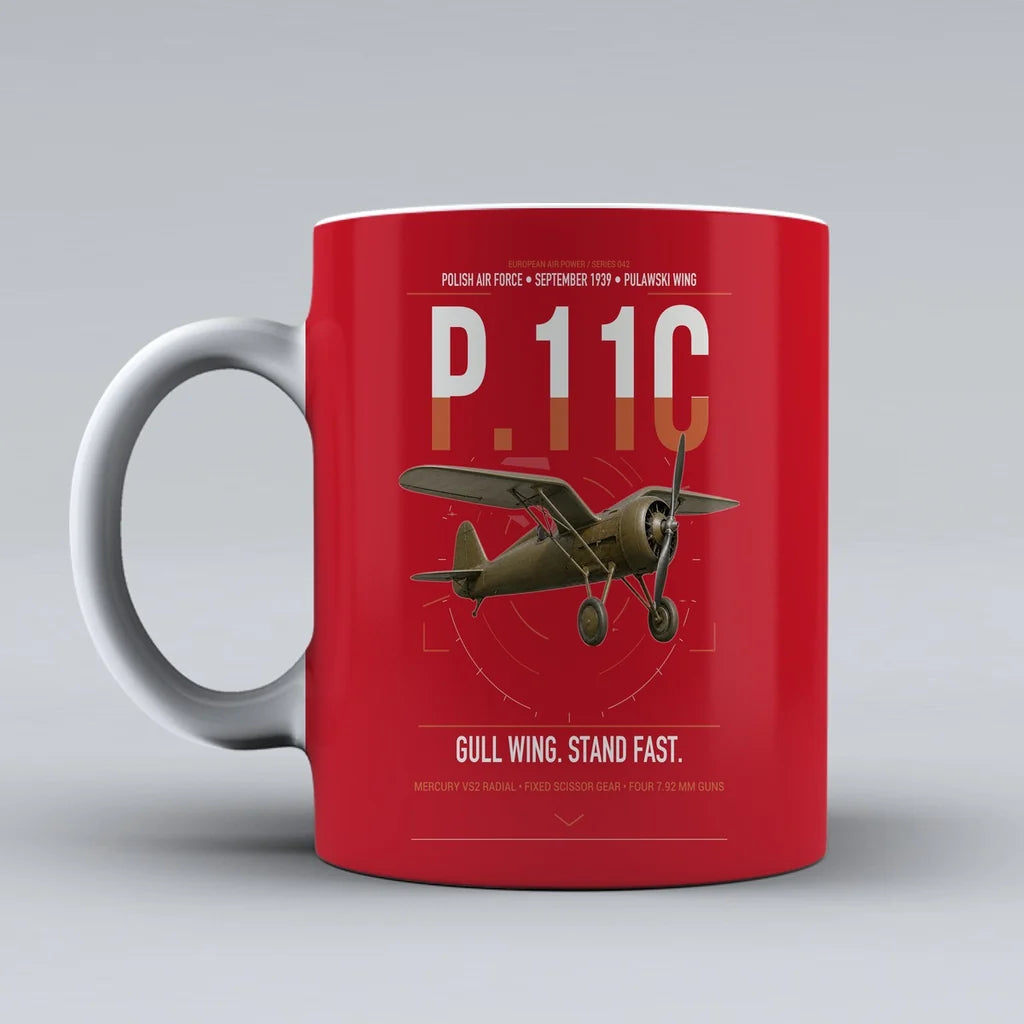 PZL P.11c design on red ceramic mug, double-side print