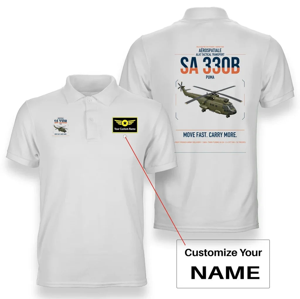 Aérospatiale SA 330B Puma design on white+name double-side polo t-shirt, double-side print