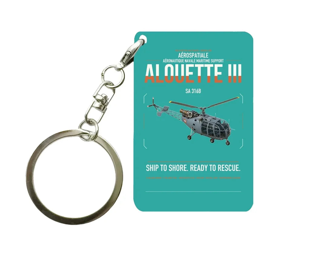 Aérospatiale SA 316B Alouette III design on turquoise designed key chain, double-side print