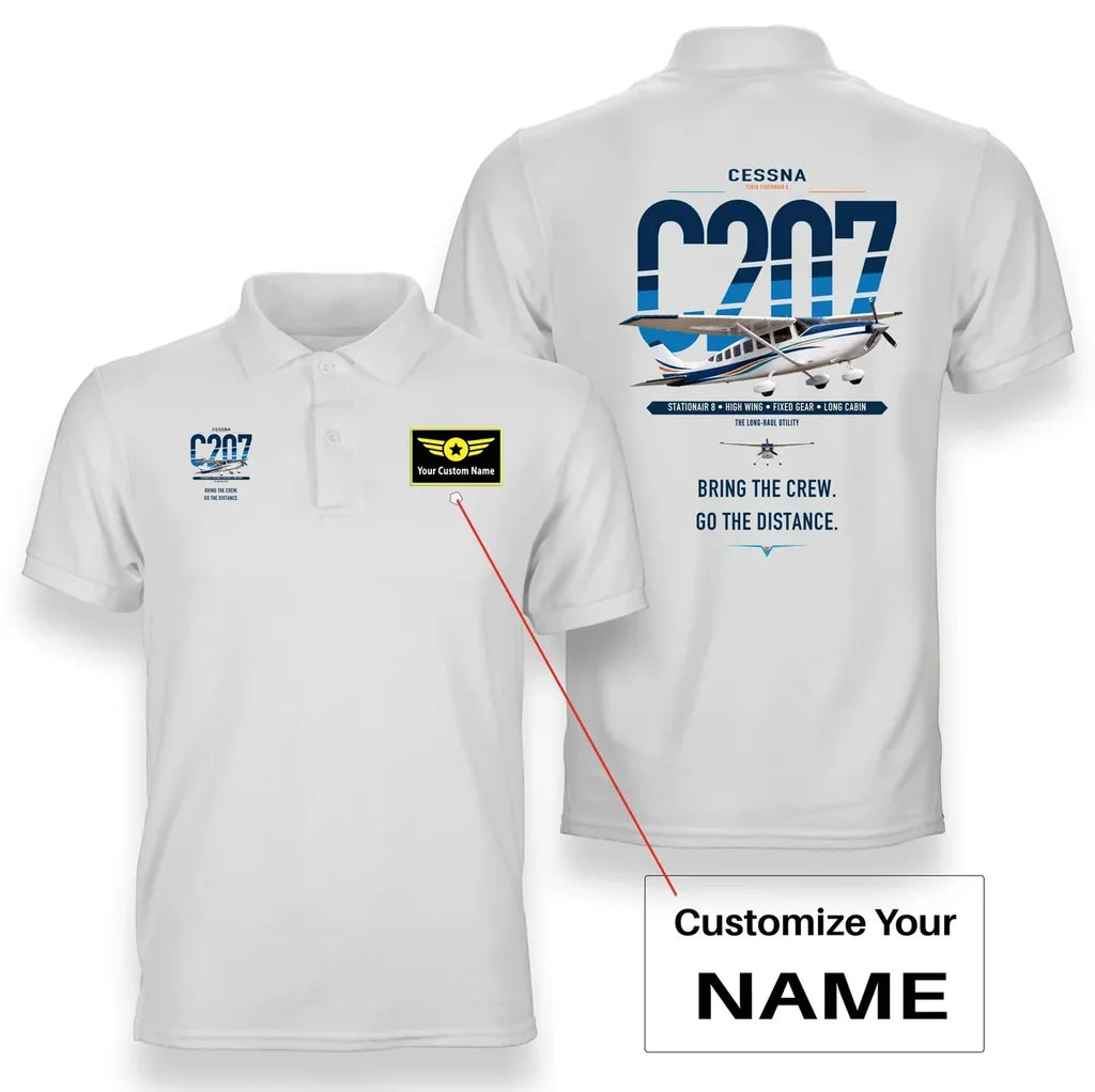 Cessna T207A Stationair 8 design on white+name double-side polo t-shirt, double-side print