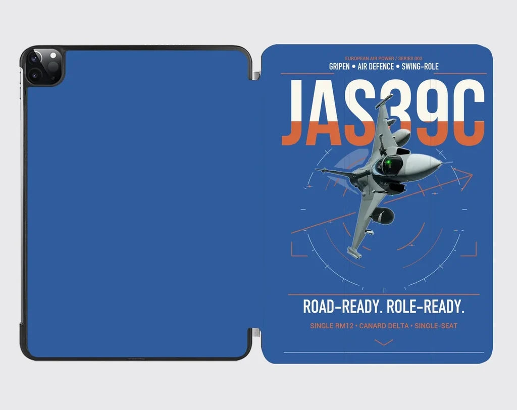 Saab JAS 39C Gripen design on blue ipad tablet case