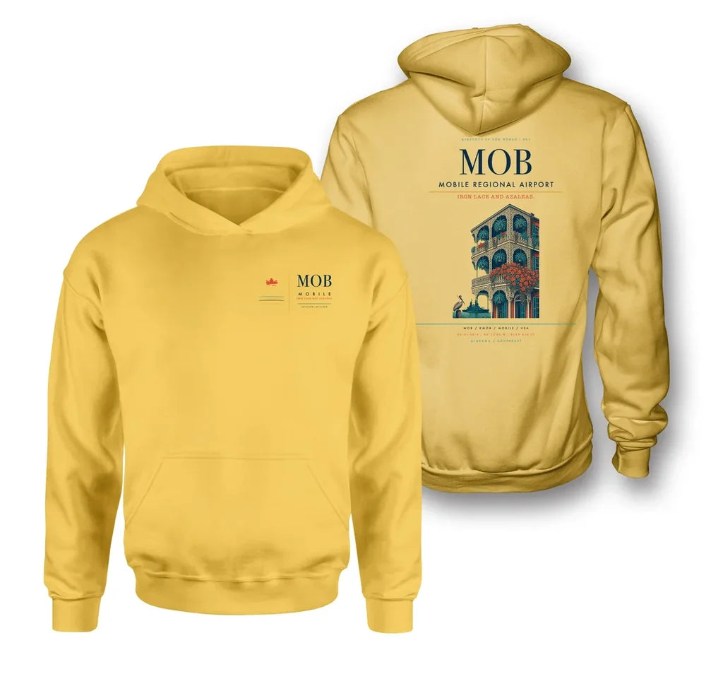 Mobile Regional Airport (MOB) design on yellow double-side hoodie