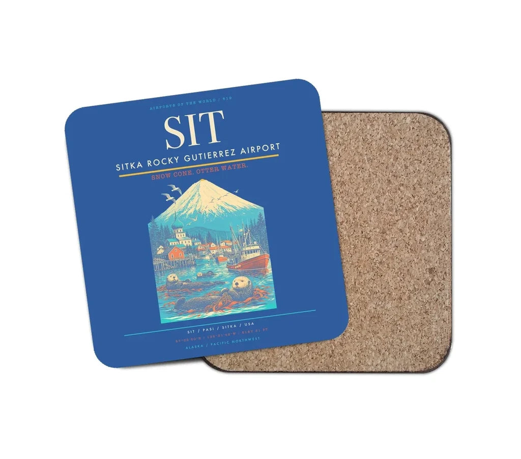 Sitka Rocky Gutierrez Airport (SIT) design on blue 1 piece coaster