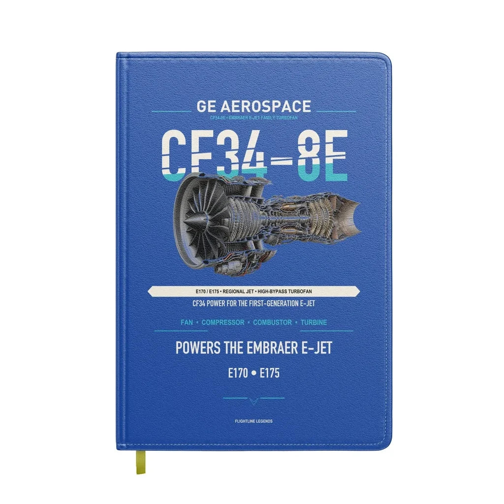 CF34-8E design on blue notebook
