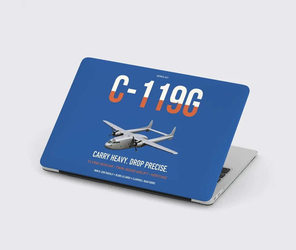 C-119G Flying Boxcar design on blue MacBook case