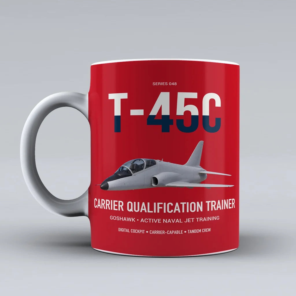 T-45C Goshawk design on red ceramic mug, double-side print