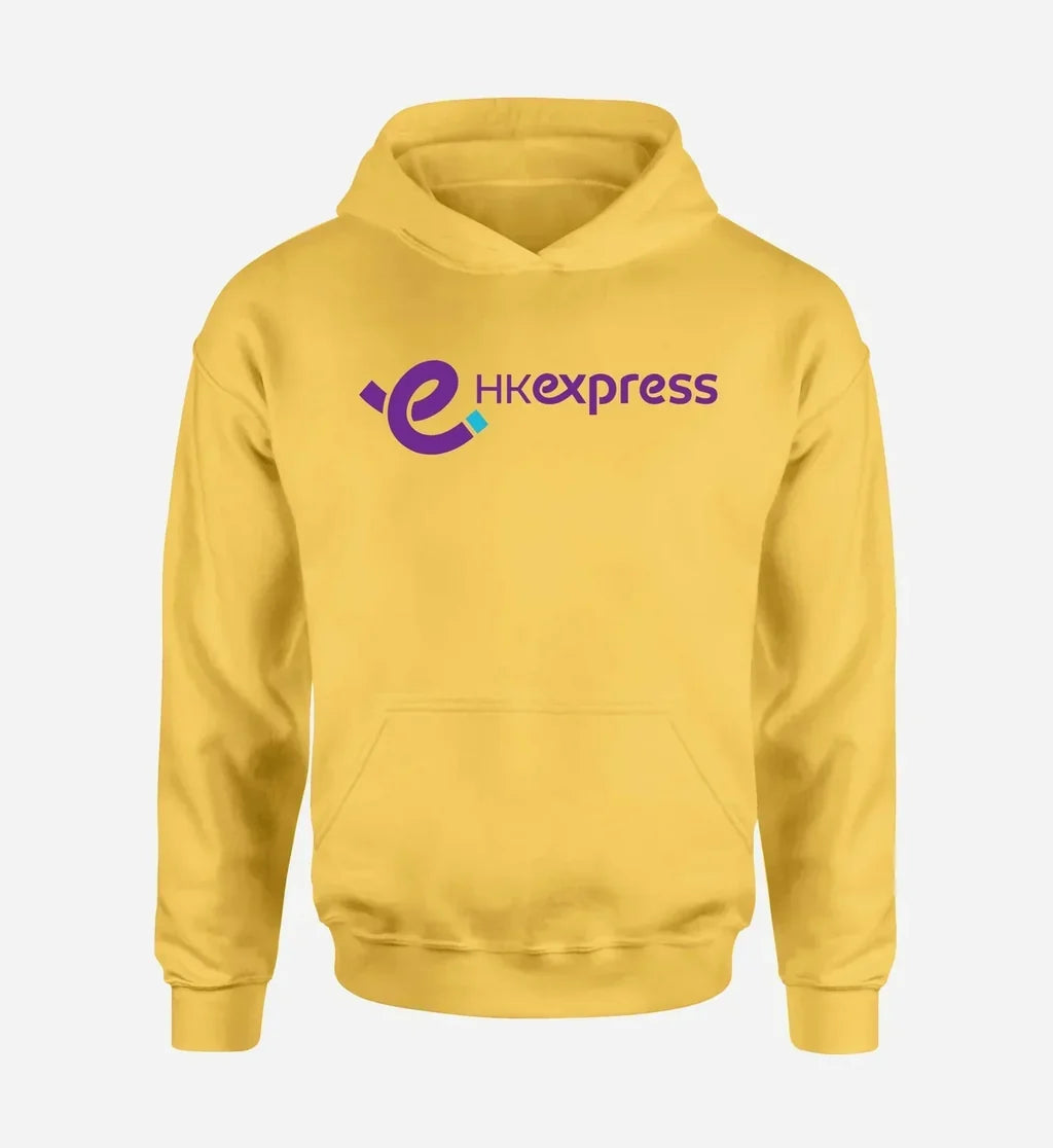 HK Express Airlines logo printed on yellow hoodie