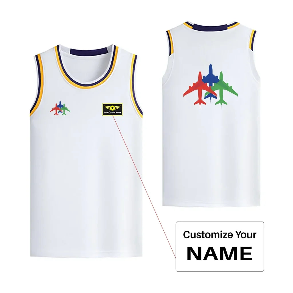 Colourful 3 Airplanes Designed Basketball Style Sports Tank Tops - view 15