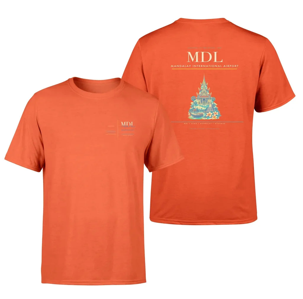 Mandalay International Airport (MDL) design printed on orange double-side t-shirt