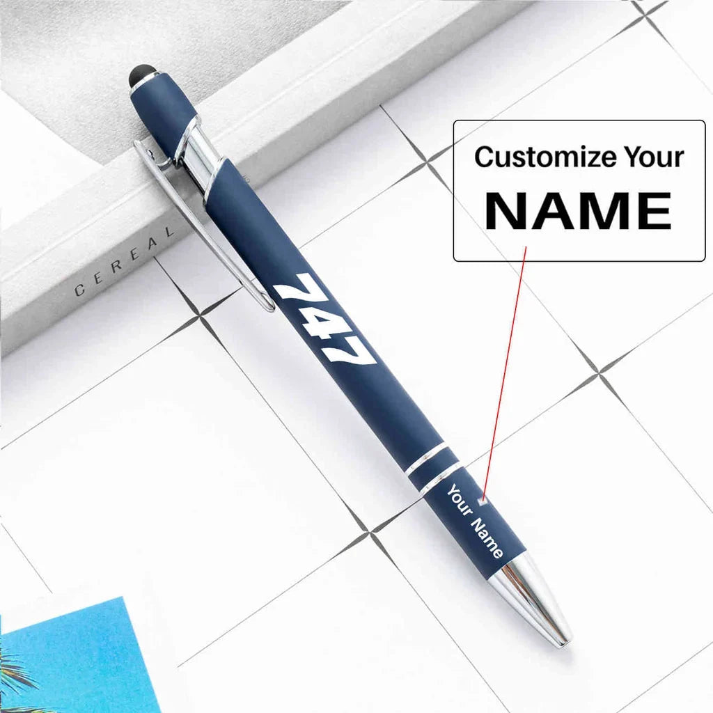 Boeing 747 Flat Text touch pen - navy blue with name