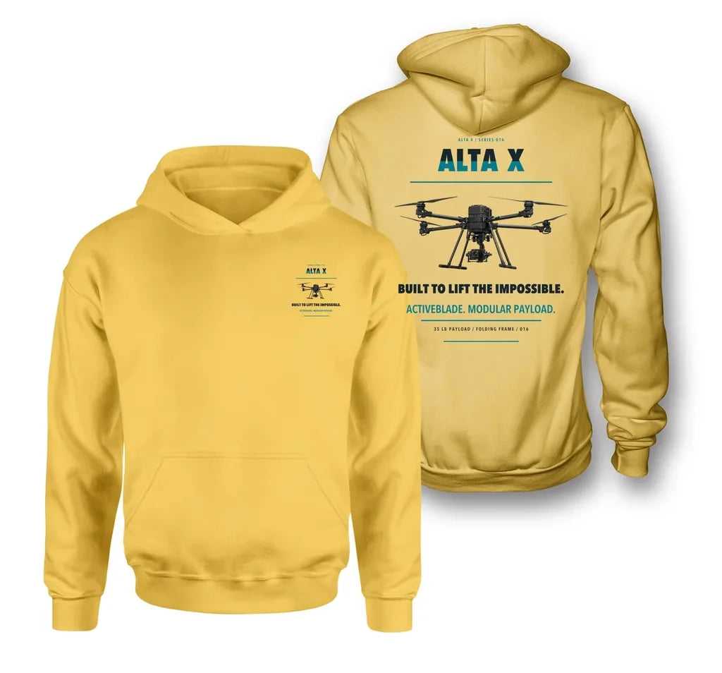 Freefly Alta X design on yellow hoodie