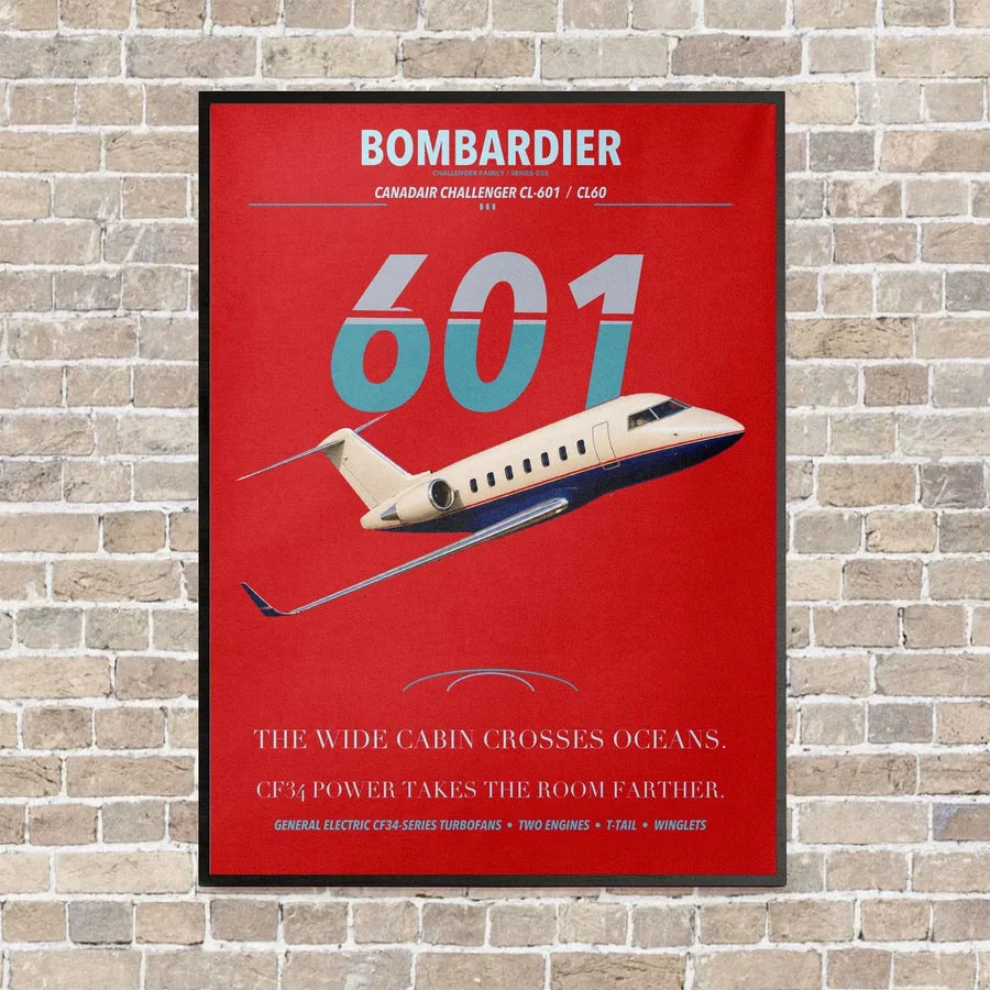 Bombardier Challenger 601 vertical canvas print - framed - red background