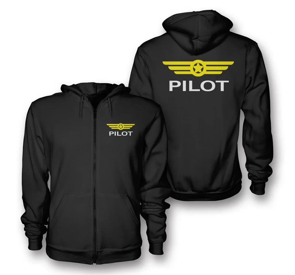 Pilot & Badge aviation design on soft cotton blend zipped hoodie.