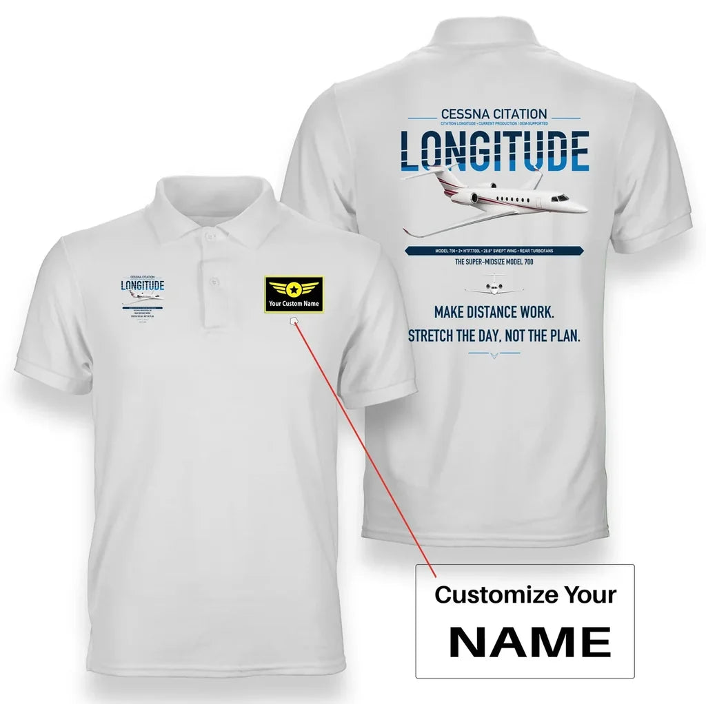 Cessna Citation Longitude design on white+name double-side polo t-shirt, double-side print