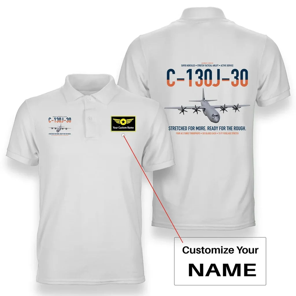C-130J-30 Super Hercules design on white+name double-side polo t-shirt, double-side print