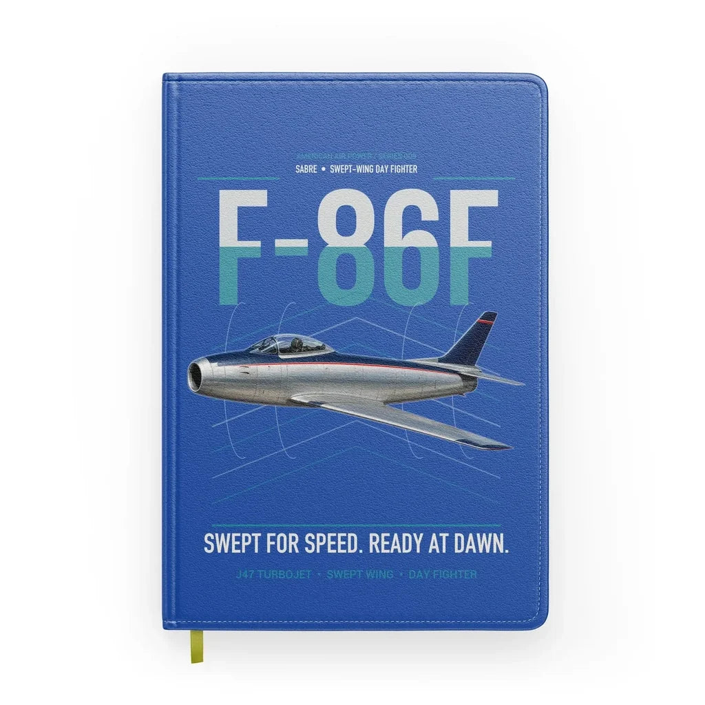 F-86F Sabre design on blue notebook