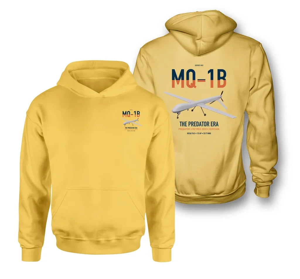 MQ-1B Predator design on yellow double-side hoodie, double-side print