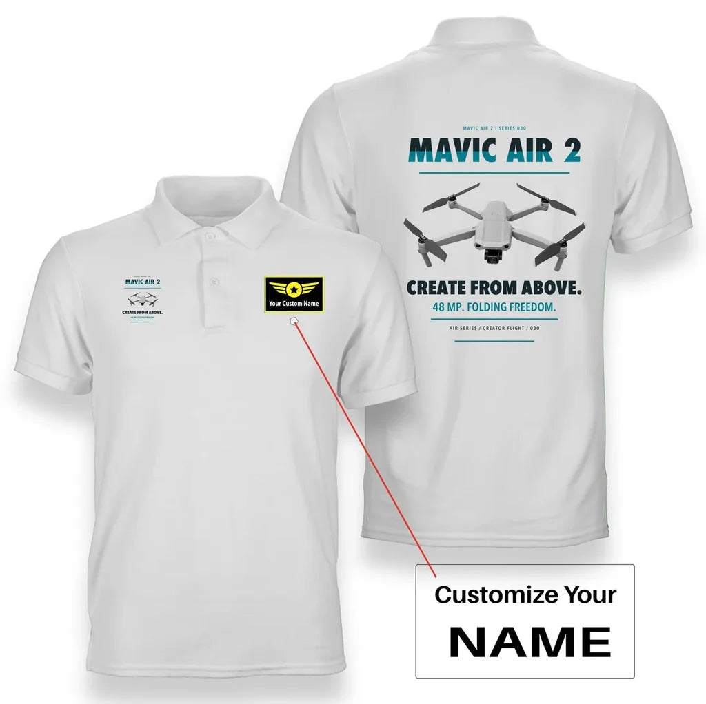 DJI Mavic Air 2 design on white polo with custom name badge