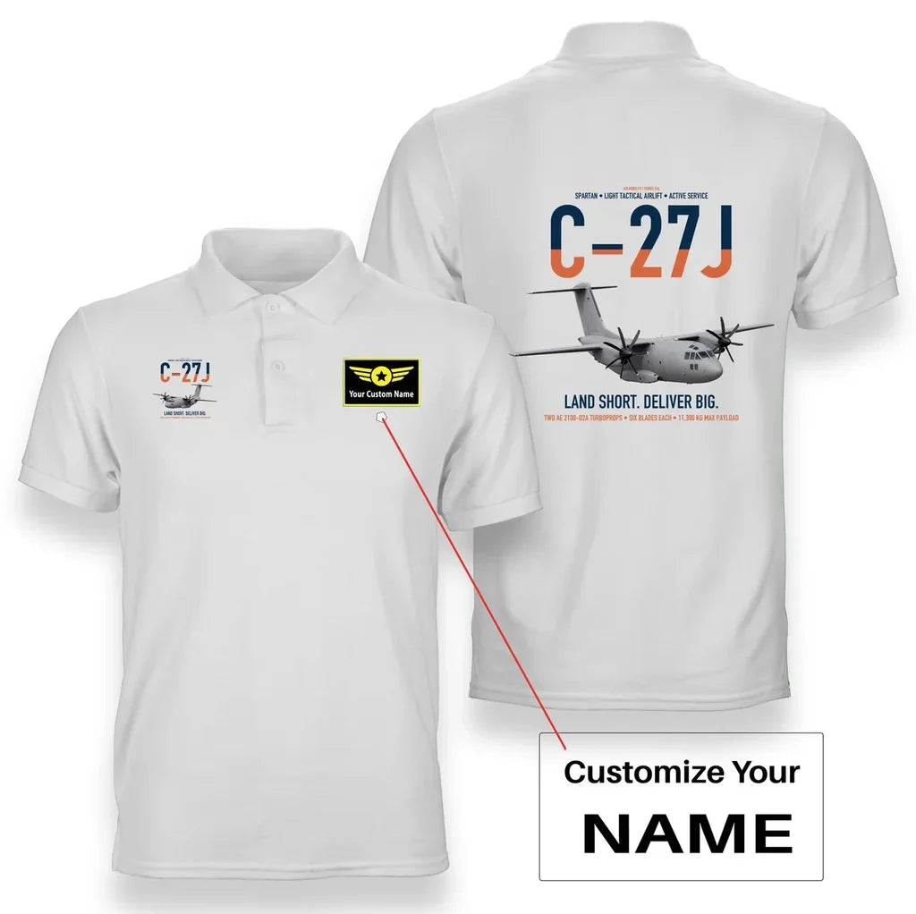 C-27J Spartan design on white+name double-side polo t-shirt, double-side print
